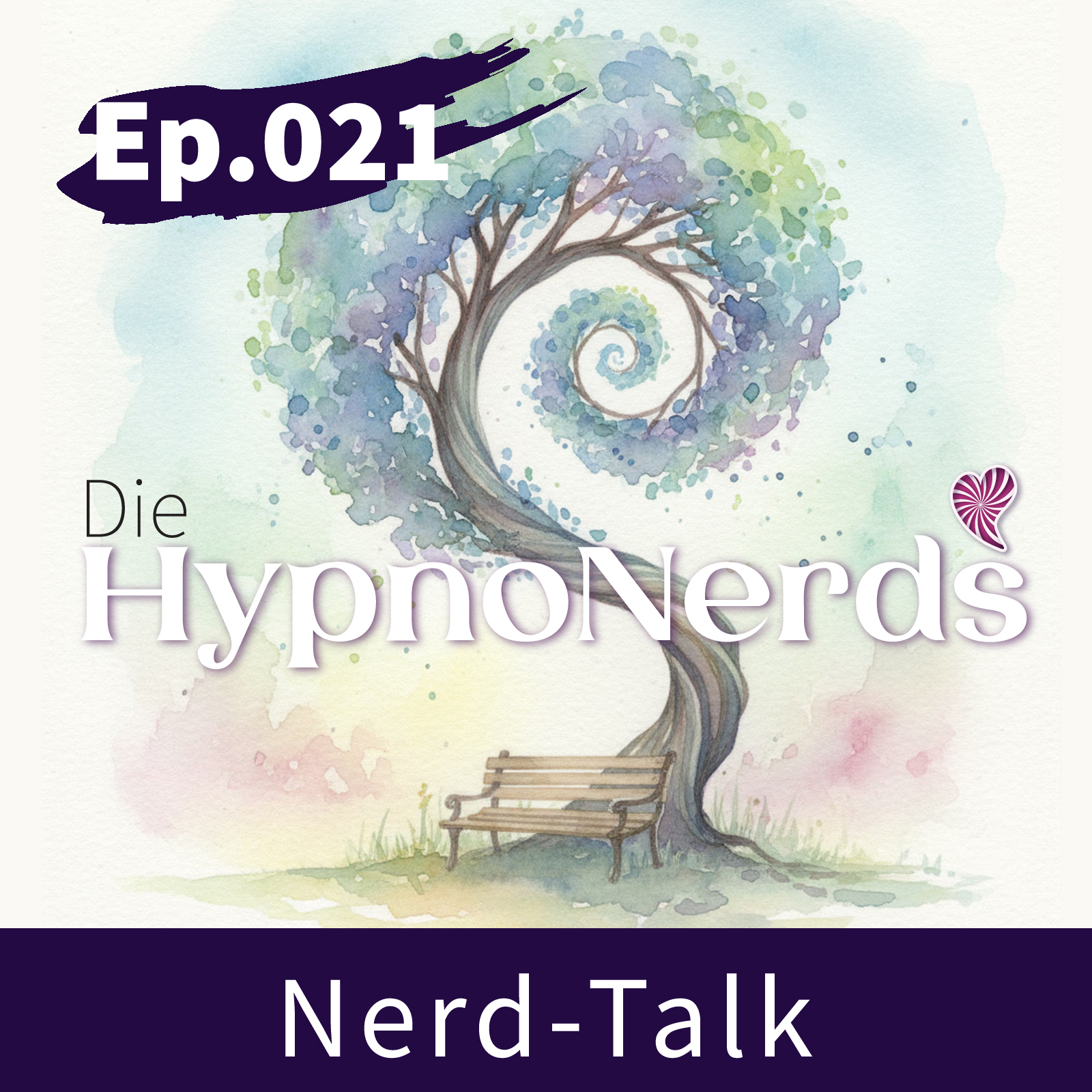 Ein Baum welcher sich zu einer Spirale Formt, davor eine Bank. Gezeichnet im Wasserfarben Stil. Mit dem Schriftzug "Die Hypnonerds" und "Nerd Talk"