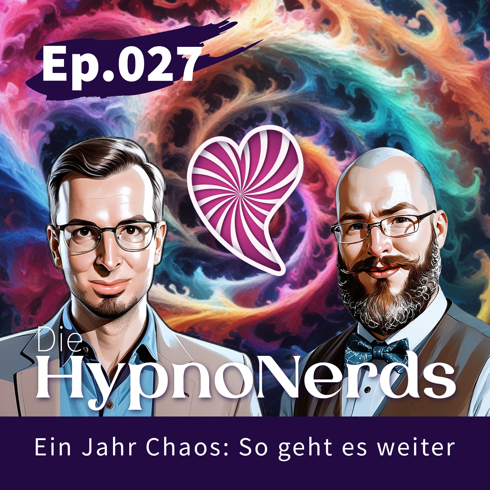 Eine Stylistische Darstellung der Moderatoren mit dem Herz Logo in der Mitte und einem Farbwirbel als Hintergrund. Titel "Ein Jahr Chaos: So geht es weiter"