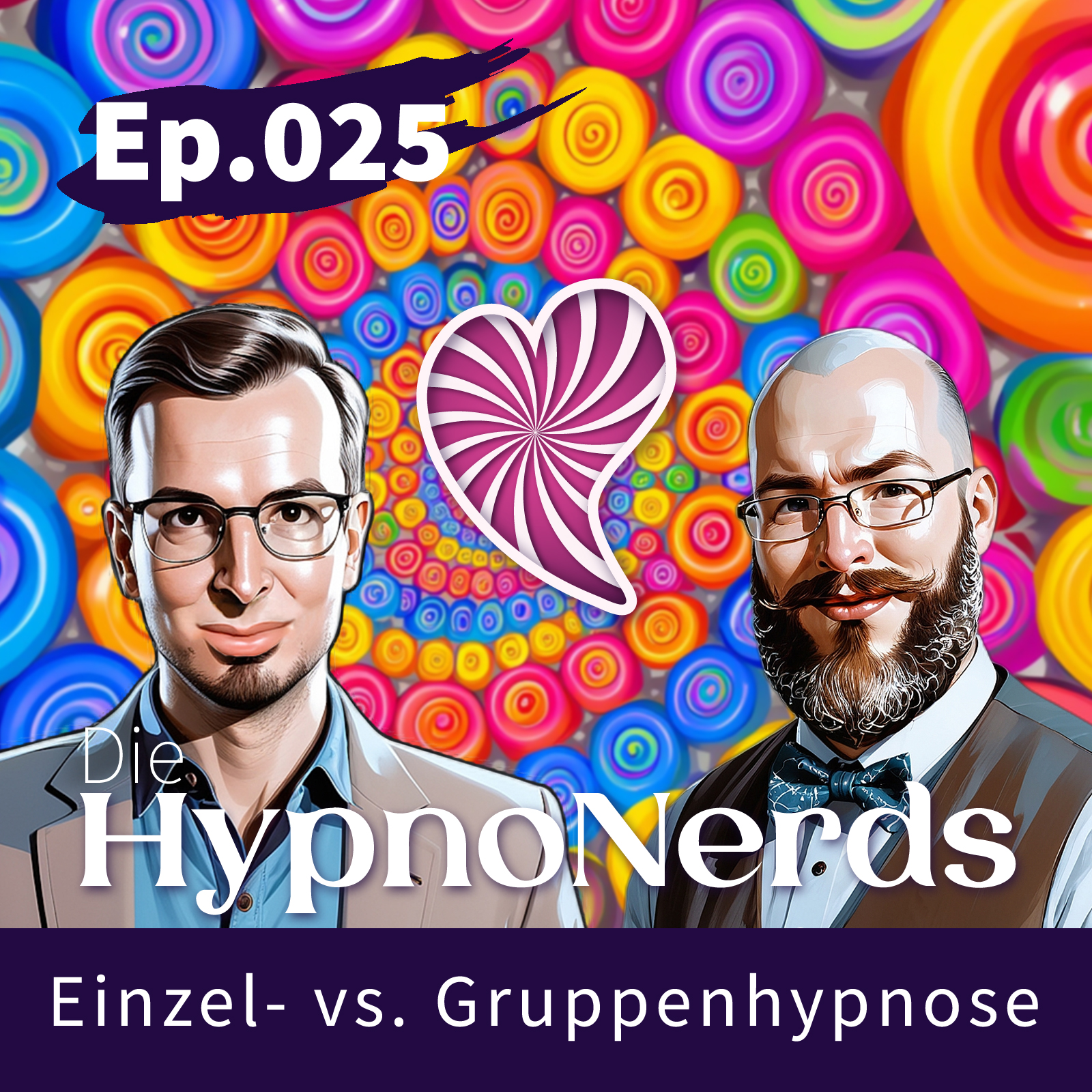 Eine Stylistische Darstellung der Moderatoren mit dem Herz Logo in der Mitte und einem Farbwirbel als Hintergrund. Titel "Einzel- vs. Gruppenhypnose"